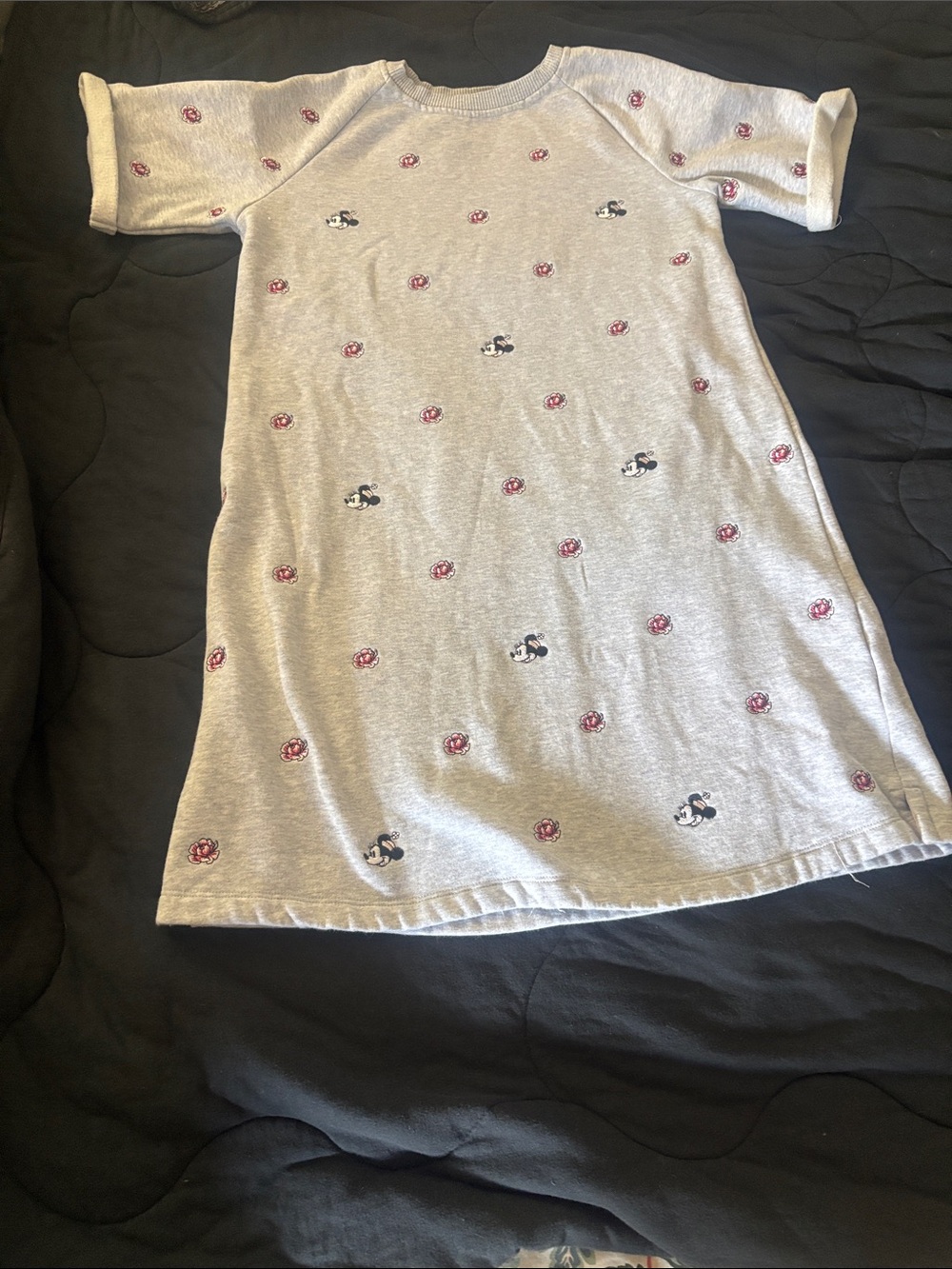 Disney Grey Short Sleeve Mini Dress with Pink Floral and Black Mickey Motifs